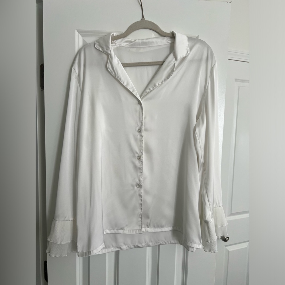 White satin pajama set with ruffle detail